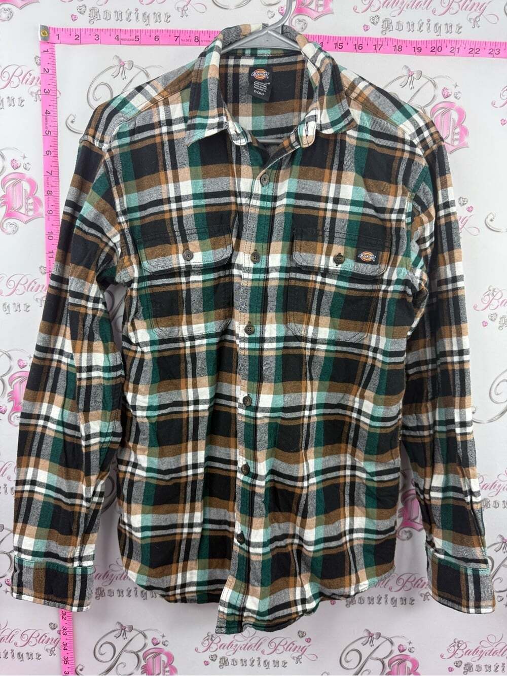 Dickies Men's Brown, Green & White Plaid Button-Down Shirt